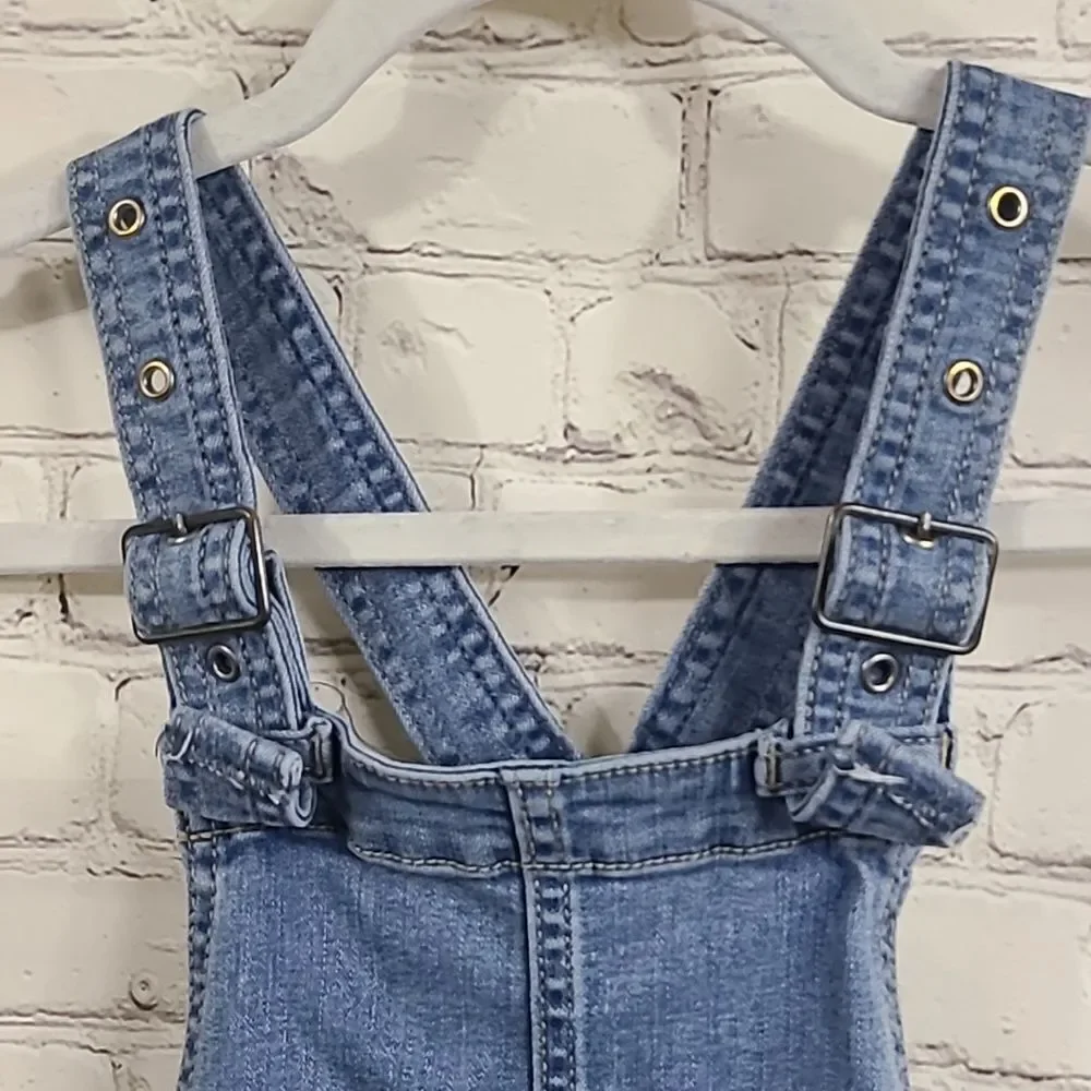 Justice Girls Denim Overall Dress Size 10 Cargo Pockets Raw Hem Jumper Y2K Cool